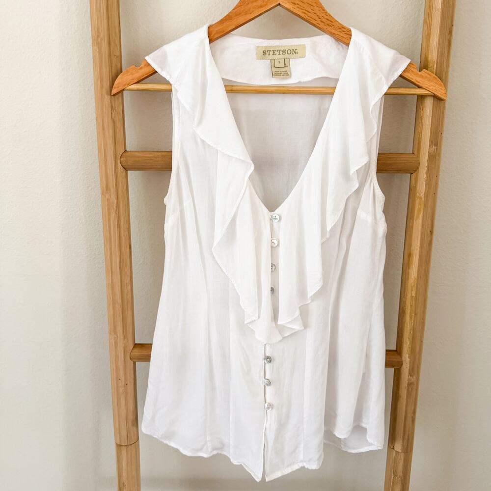 Stetson White Ruffle Sleeveless Button Front Blouse Top Small Western Boho